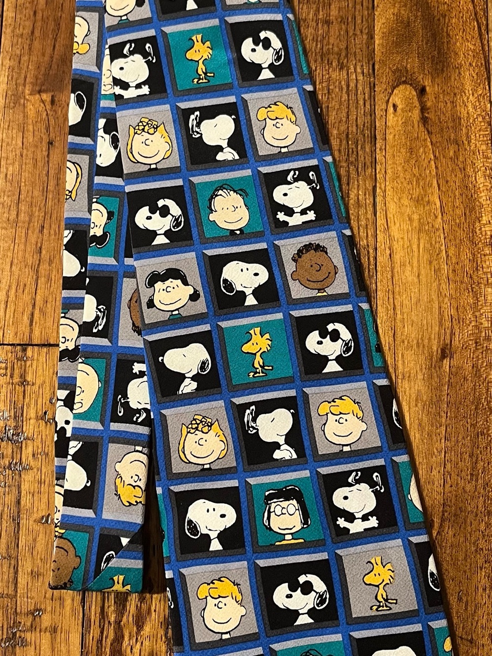 Peanuts Blue Black Gray Multicolor Character Grid Tie